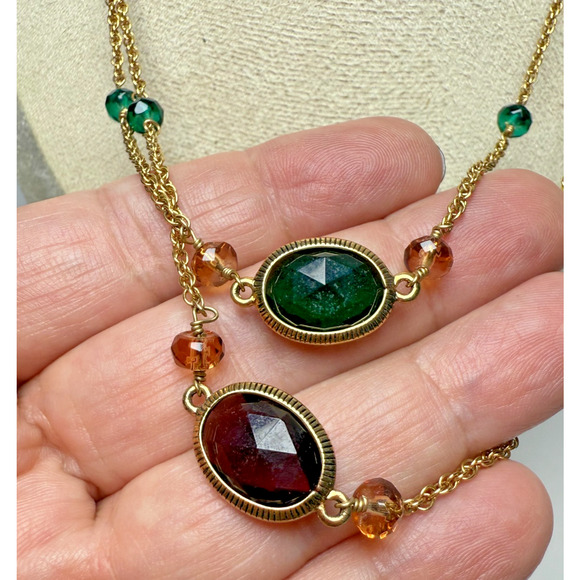 Vintage 40" Monet Gold Tone Jewel Tones Station Necklace Green Purple Faceted - Picture 3 of 6